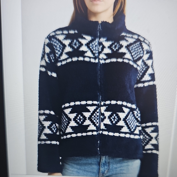NWT Lucky Brand Geo Print Faux Fur Zip Teddy Jacket Large. Navy/Ivory - Picture 1 of 16